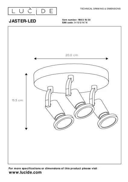 Lucide JASTER-LED - Plafondspot - Ø 20 cm - LED - GU10 - 3x5W 2700K - Zwart - technisch